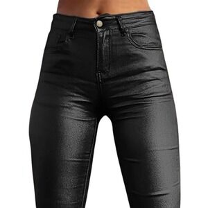 Flamingals Women's Black Faux Leather Flare Pants High Rise Sequin Sparkle L